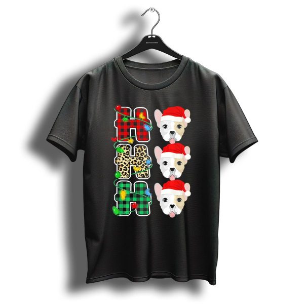 Ho Ho Ho Santa Hat French Bulldog Leopard Buffalo Plaid Christmas Lights T Shirt 1 t shirt 1