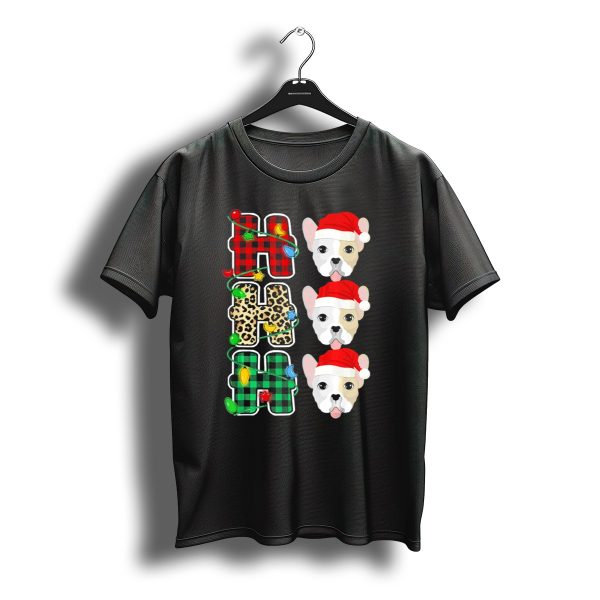 Ho Ho Ho Santa Hat French Bulldog Leopard Buffalo Plaid Christmas Lights T Shirt t shirt 1