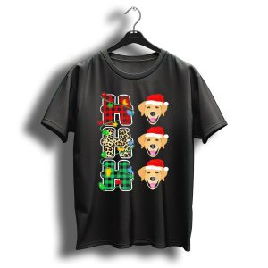 Ho Ho Ho Santa Hat Golden Retriever Christmas Lights Plaid Leopard T Shirt