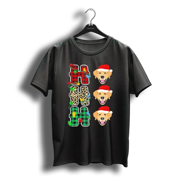 Ho Ho Ho Santa Hat Golden Retriever Christmas Lights Plaid Leopard T Shirt t shirt 1