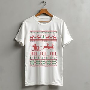 Ho Ho Ho Santa Sleigh And Reindeer Ugly Christmas T Shirt