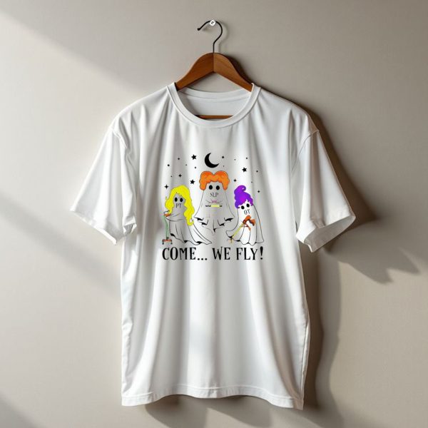 Hocus Pocus Come We Fly Pt Slp Ot Halloween Ghosts Black Cloaks Moon Stars T Shirt t shirt 1