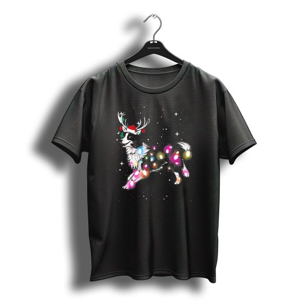 Holiday Reindeer Border Collie With Christmas Lights And Santa Hat In Snowflakes T Shirt t shirt 1