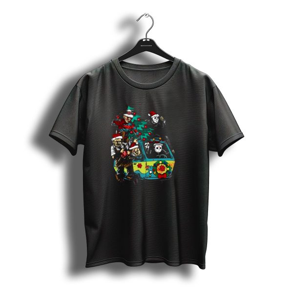 Horror Movie Characters In Christmas Santa Hats With Tree On Fun Van T Shirt t shirt 1