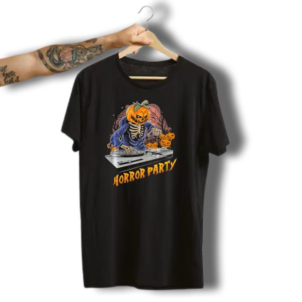 Horror Party Skeleton Pumpkin Head Dj Turntable Halloween Vibes T Shirt t shirt 1 1