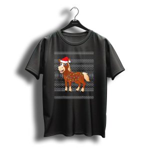Horse In Santa Hat Wrapped In Christmas Lights With Festive Knit Background T-Shirt