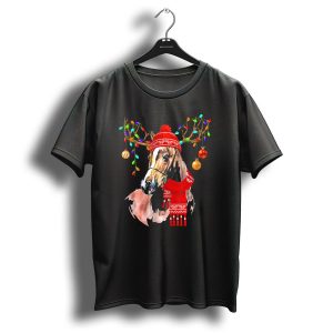 Horse With Red Scarf And Festive Reindeer Antlers With Christmas Lights T Shirt