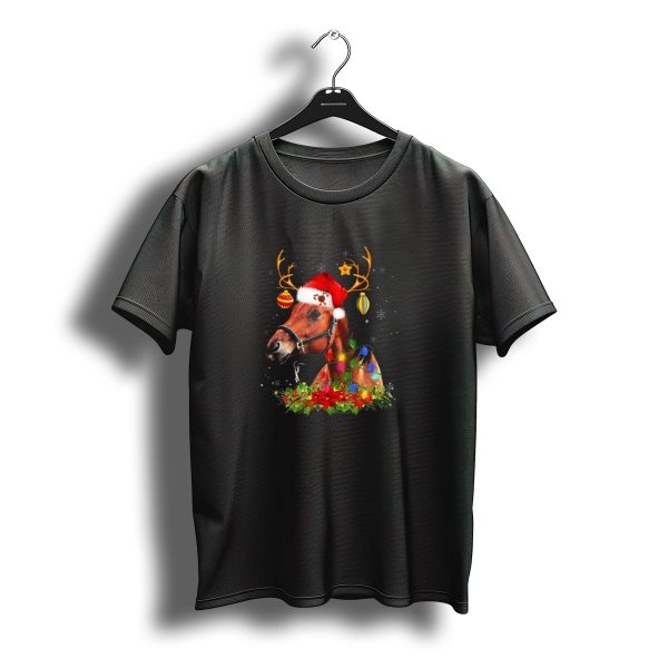 Horse With Santa Hat Antlers Christmas Lights And Ornaments Snowflakes T Shirt t shirt 1