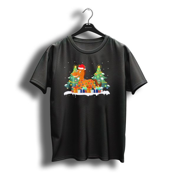 Horse Wrapped In Christmas Lights With Santa Hat Among Festive Trees And Gifts T Shirt t shirt 1