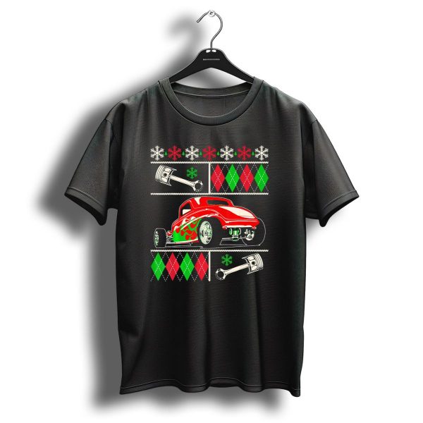 Hot Rod Christmas Ugly Sweater Red Green Car Snowflakes Argyle Pistons T Shirt 1 t shirt 1