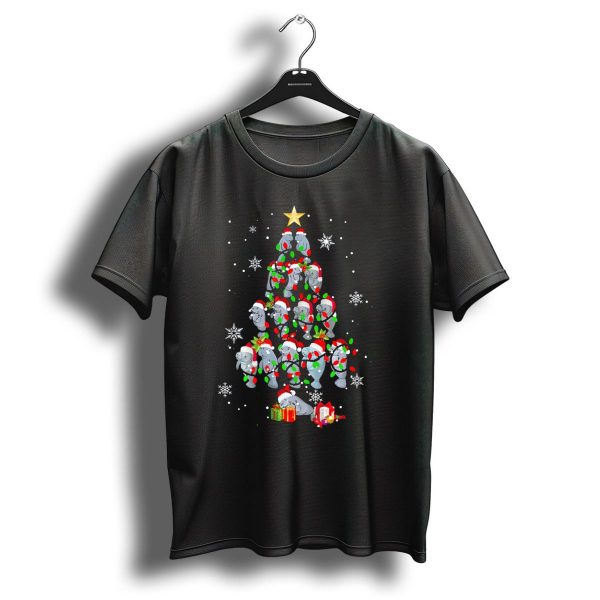 Humorous Manatee Christmas Tree With Santa Hats And Holiday Lights T Shirt 1 t shirt 1