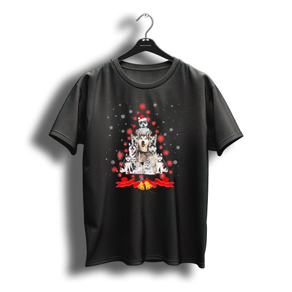 Husky Christmas Tree With Santa Hat And Bell Decorations T Shirt t shirt 1