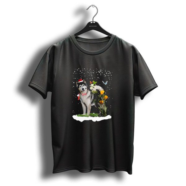 Husky Dog With Christmas Hat And Spring Flowers Puppy Pet T Shirt 1 t shirt 1