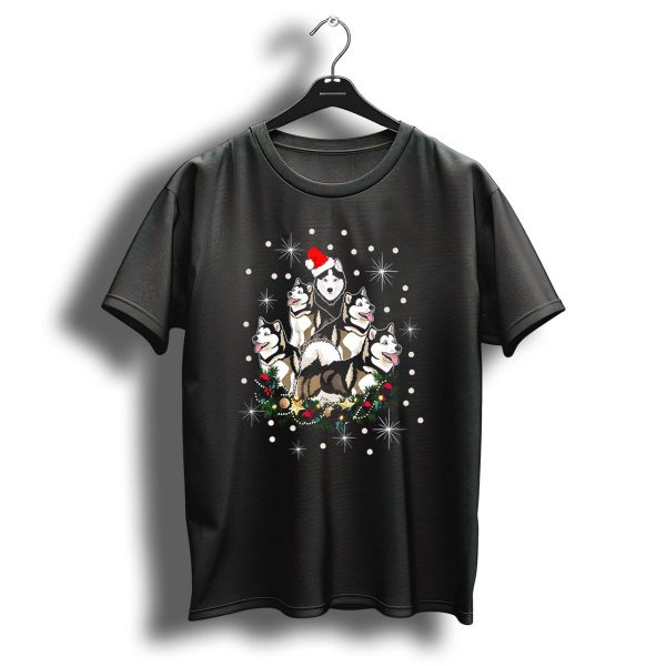 Husky Dogs Christmas Tree With Santa Hat And Snowflakes T Shirt 1 t shirt 1