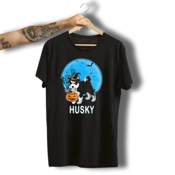 Husky Witch With Pumpkin Under Halloween Moon T Shirt t shirt 1