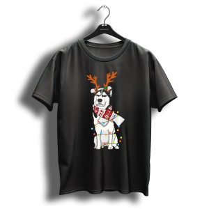 Husky With Reindeer Antlers Wrapped In Christmas Lights And Festive Scarf T Shirt