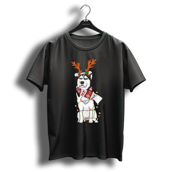 Husky With Reindeer Antlers Wrapped In Christmas Lights And Festive Scarf T Shirt 1 t shirt 1
