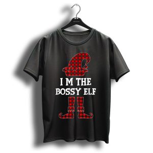 I Am The Bossy Elf Red Plaid Hat And Boots Christmas Humor T-Shirt