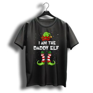I Am The Daddy Elf Christmas Family Elf Hat And Striped Stockings T-Shirt