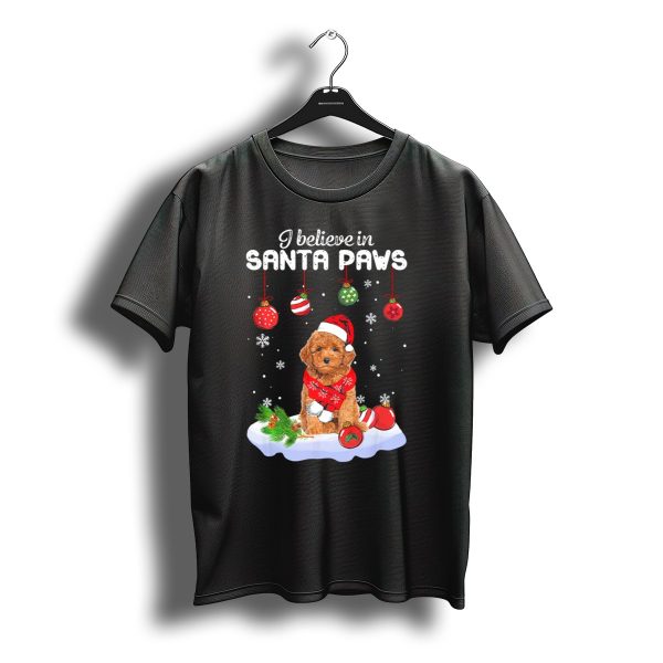 I Believe In Santa Paws Christmas Miniature Poodle With Ornaments And Snowflakes T Shirt t shirt 1