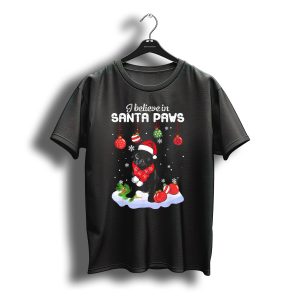 I Believe In Santa Paws Pug With Christmas Ornaments And Snowflakes T-Shirt