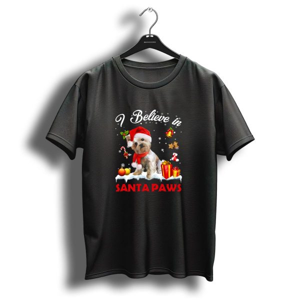 I Believe In Santa Paws Yorkshire Terrier Christmas Santa Hat Xmas Lights T Shirt 1 t shirt 1