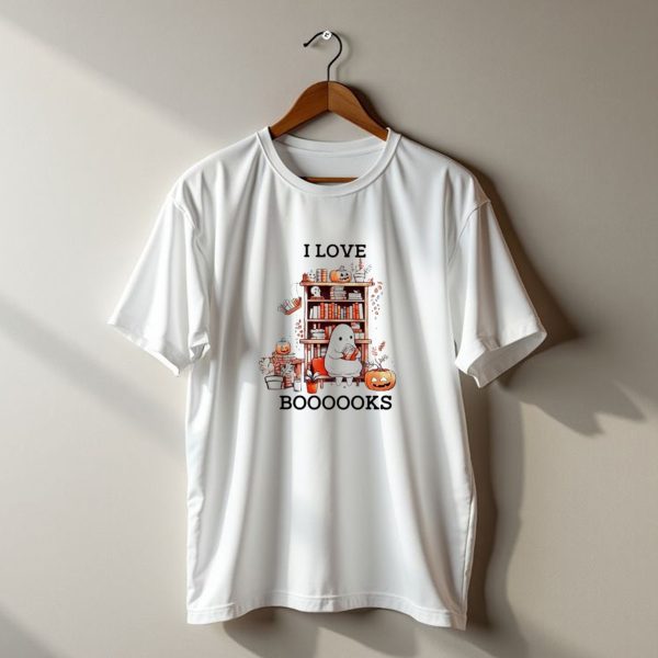I Love Boooooks Ghost Reading With Pumpkins And Bookshelf Halloween T Shirt t shirt 1