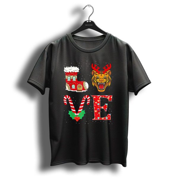 I Love Christmas Tiger Antlers Candy Cane Boot Letters T Shirt 1 t shirt 1