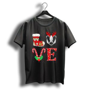 I Love Holiday Badger With Reindeer Antlers Christmas Candy Cane Boot And Holly T-Shirt