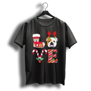 I Love My English Bulldog Christmas Reindeer Candy Cane Decor T-Shirt