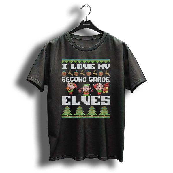 I Love My Second Grade Elves Christmas Sweater Style With Gifts And Trees T Shirt 1 t shirt 1