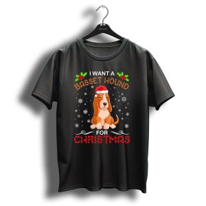 I Want A Basset Hound For Christmas With Santa Hat And Snowflakes T Shirt