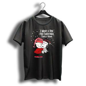 I Want A Dog For Christmas Charlie Brown Snoopy Hugging Linus Snow Scene T-Shirt