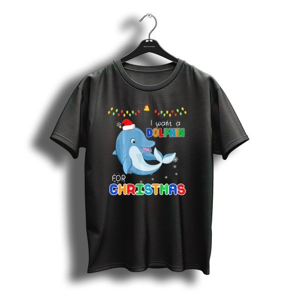 I Want A Dolphin For Christmas Santa Hat Lights Snowflakes T Shirt t shirt 1