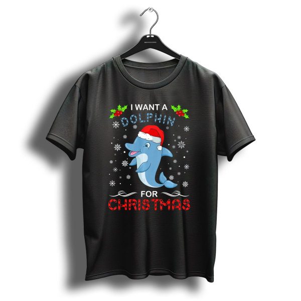 I Want A Dolphin For Christmas Snowflakes Holly Santa Hat T Shirt 1 t shirt 1