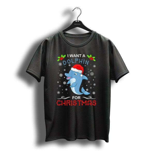 I Want A Dolphin For Christmas Snowflakes Holly Santa Hat T Shirt t shirt 1