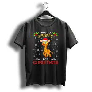 I Want A Giraffe For Christmas Festive Holiday Santa Hat Fun T Shirt