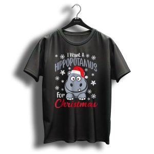I Want A Hippopotamus For Christmas Cute Hippo In Santa Hat Surrounded By Snowflakes T-Shirt