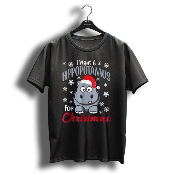 I Want A Hippopotamus For Christmas Cute Hippo In Santa Hat Surrounded By Snowflakes T Shirt 1 t shirt 1