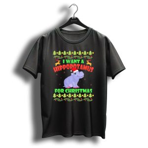 I Want A Hippopotamus For Christmas Funny Hippo Santa Hat Christmas Trees Reindeer T-Shirt