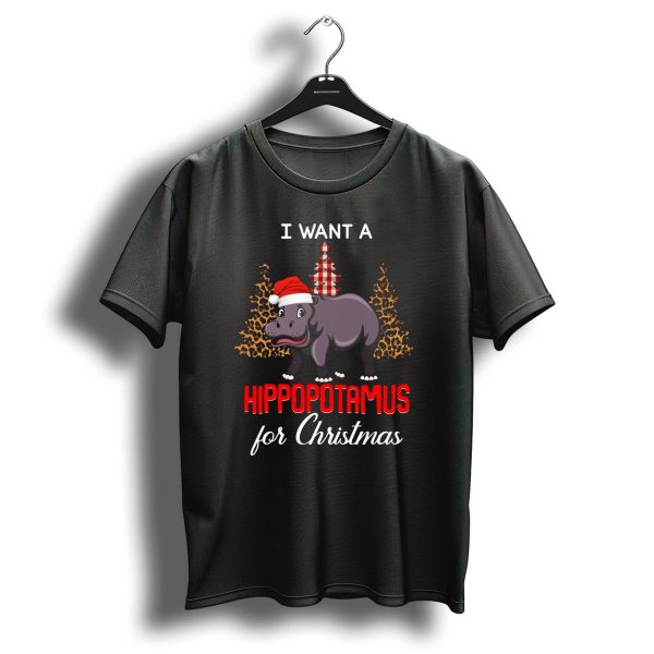 I Want A Hippopotamus For Christmas Hippo Santa Hat Leopard Plaid Trees T Shirt 1 t shirt 1