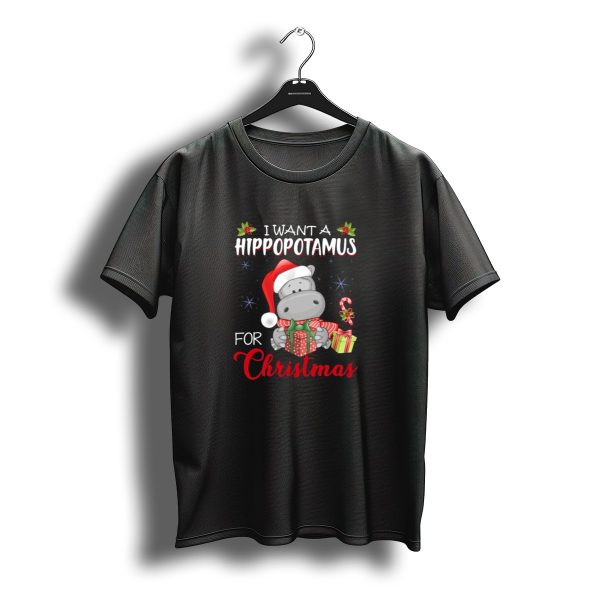 I Want A Hippopotamus For Christmas With Santa Hat Present And Candy Cane T Shirt t shirt 1