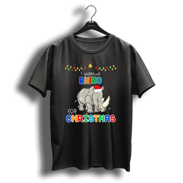 I Want A Rhino For Christmas Santa Hat Lights Snowflakes T Shirt 1 t shirt 1