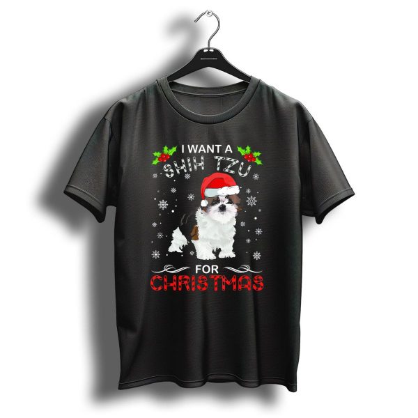 I Want A Shih Tzu For Christmas Snowflakes Holly Santa Hat T Shirt 1 t shirt 1