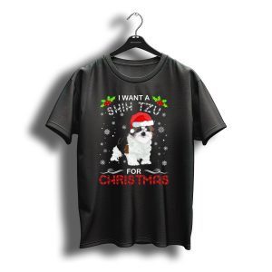 I Want A Shih Tzu For Christmas Snowflakes Holly Santa Hat T-Shirt