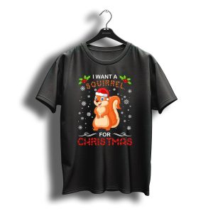 I Want A Squirrel For Christmas Snowflakes Holly Santa Hat T-Shirt