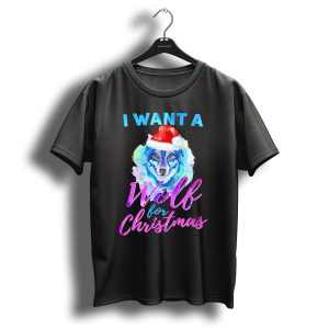 I Want A Wolf For Christmas Santa Hat Watercolor T Shirt