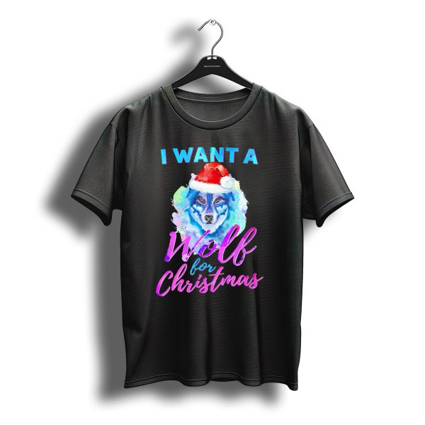 I Want A Wolf For Christmas Santa Hat Watercolor T Shirt t shirt 1
