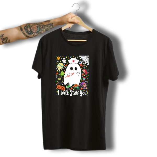 I Will Stab You Funny Halloween Ghost Nurse With Syringe Surrounded T Shirt t shirt 1 1