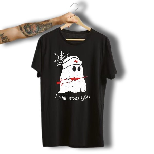 I Will Stab You Ghost Nurse Fun Halloween Syringe Spider Web T Shirt t shirt 1